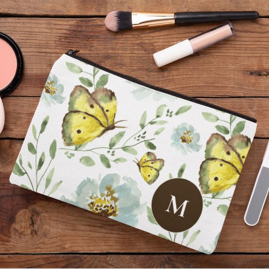 Pochette À Accessoires Aquarelle monogramme jaune Papillon floral