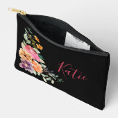 Pochette À Accessoires Aquarelle noire moderne Monogramme Floral Script (Ouvrir)