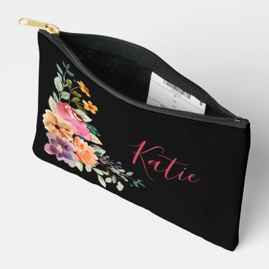 Pochette À Accessoires Aquarelle noire moderne Monogramme Floral Script (Ouvrir)