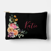 Pochette À Accessoires Aquarelle noire moderne Monogramme Floral Script (Recto)