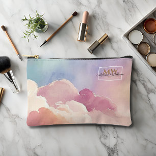 Pochette À Accessoires Aquarelle Nuages Noir Or Monogramme Nom Script