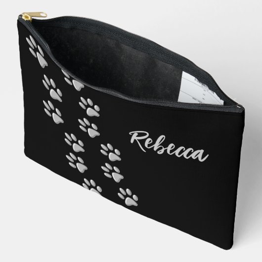 Pochette À Accessoires Arrière - plan noir Silver Dog Paws Motif d'impres (Ouvrir)