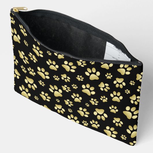 Pochette À Accessoires Beautiful Golden Paws Prints on Black Background (Ouvrir)