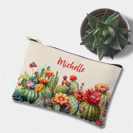 Pochette À Accessoires Beaux Cactus Fleuris Avec Nom Petit