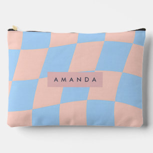 Pochette À Accessoires Bébé personnalisé bleu et pêche à carreaux ondulés