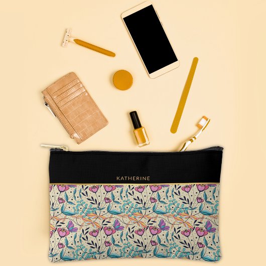 Pochette À Accessoires Beige Black Flowers Pattern Pretty Girly Trendy