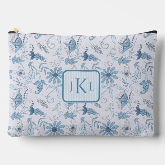Pochette À Accessoires Belle Florale Bleue et Monogramme Rayé Bleu (Recto)