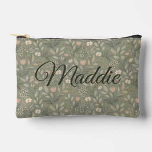 Pochette À Accessoires Belles Fleurs sur une teinte terreuse vert sauge d