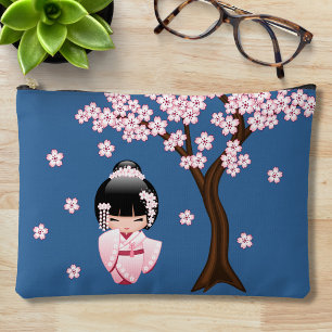 Pochette À Accessoires Blanc Kimono Kokeshi Doll Cute Geisha Girl Blue