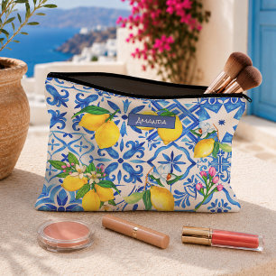 Pochette À Accessoires Bleu d'été Majolique Sicilien Citron Méditerranéen