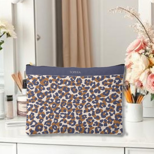 Pochette À Accessoires Bleu Empreinte de léopard et Brown