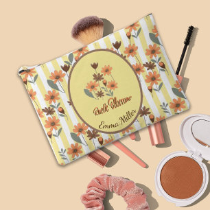 Pochette À Accessoires Blossoms Orangés Rustiques Bandes Jaunes Nom Perso