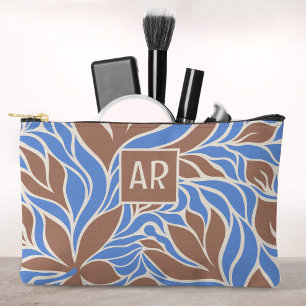 Pochette À Accessoires Boho bleu et marron Motif floral moderne Monogramm