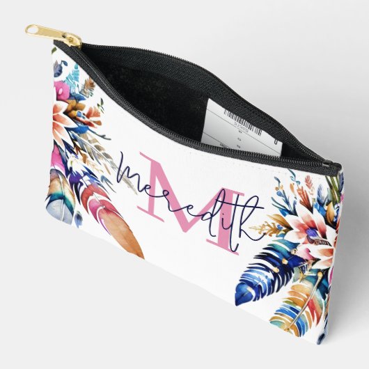 Pochette À Accessoires Bordure de plumes Boho personnalisée (Ouvrir)