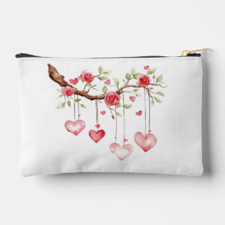 Pochette À Accessoires Branche de roses roses à l'aquarelle avec coeurs s