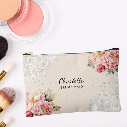 Pochette À Accessoires Bridesmaid rose floraux dentelle pêche beige