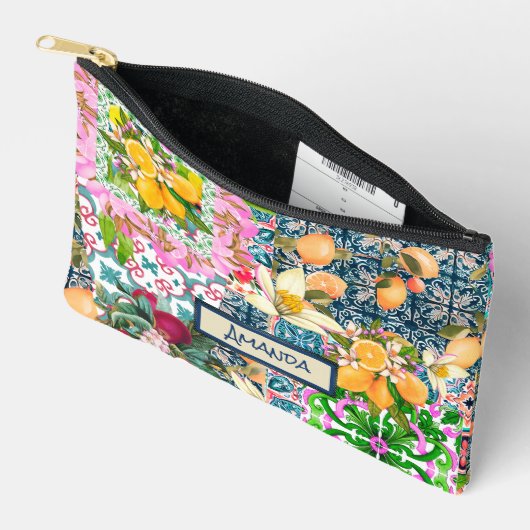 Pochette À Accessoires Carreaux floraux d'agrumes siciliens bleu chic (Ouvrir)