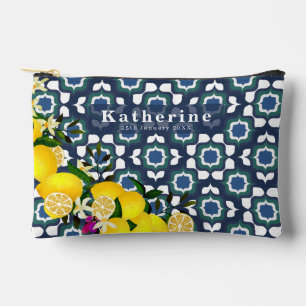Pochette À Accessoires Carreaux Méditerranéens Citron  Bleu Nuit Blanc