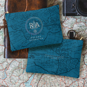 Pochette À Accessoires Carte de monogramme de corde nautique bleue