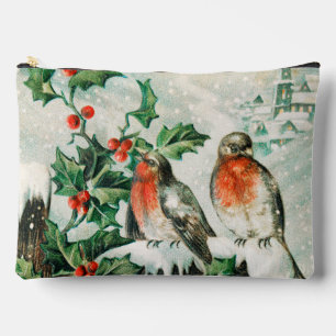 Pochette À Accessoires Carte de Noël vintage avec rouges-gorges, houx, ég