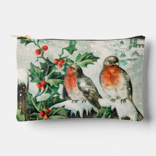 Pochette À Accessoires Carte de Noël vintage avec rouges-gorges, houx, ég