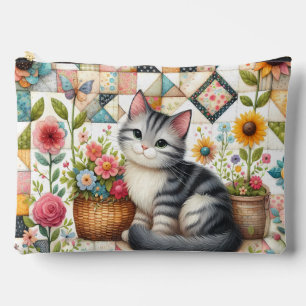 Pochette À Accessoires Chat mignon sur courtepointe florale Art Cottageco
