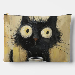 Pochette À Accessoires Chat noir énervé avec café sur fond brun grunge