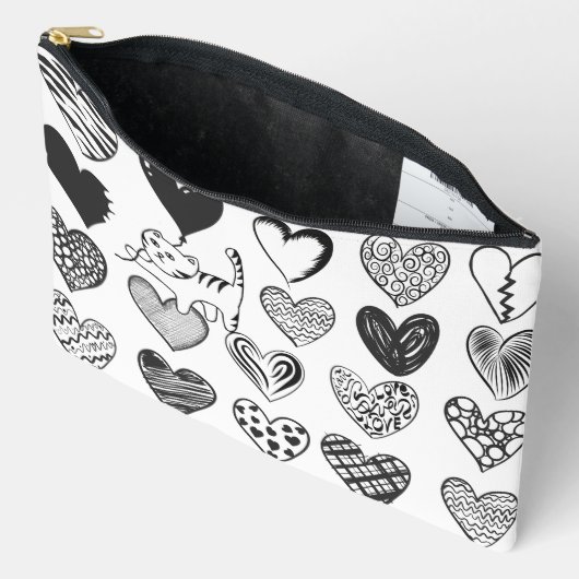 Pochette À Accessoires Chat noir et blanc et Motif de coeur (Ouvrir)