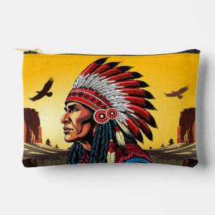 Pochette À Accessoires Chef amérindien sur paysage sauvage coucher de sol