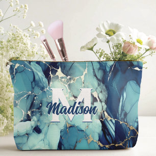 Pochette À Accessoires chic aqua bleu marbre faux or parties scintillant 