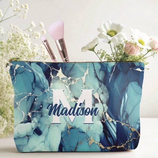 Pochette À Accessoires chic aqua bleu marbre faux or parties scintillant 