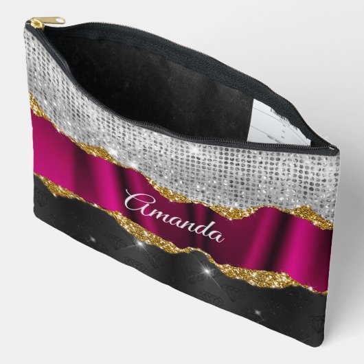 Pochette À Accessoires Chic faux argent parties scintillant Fuchsia noir (Ouvrir)