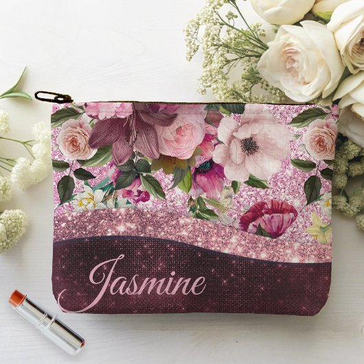 Pochette À Accessoires Chic floral Bourgogne rose violet parties scintill