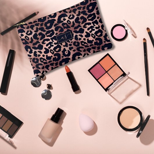 Pochette À Accessoires Chic Rose or noir Empreinte de léopard Monogrammé