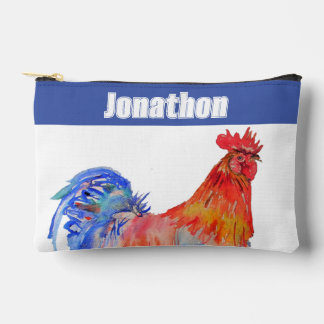 Pochette À Accessoires Chicken Rooster Bird Kids Boys Name Blue Red