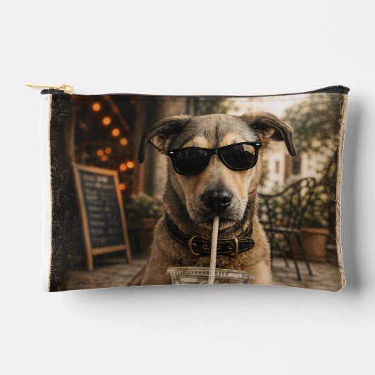 Pochette À Accessoires Chien drôle et cool buvant un café glacé (Recto)