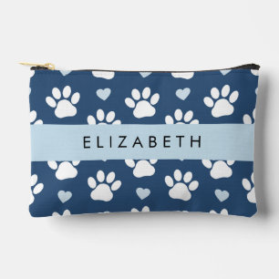 Pochette À Accessoires Chien Paws, White Paws, Blue Hearts, Votre Nom