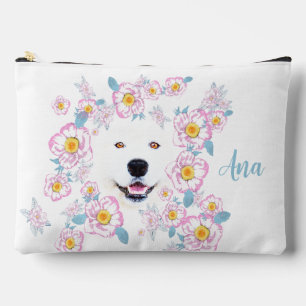 Pochette À Accessoires Chien Samoyed et fleurs roses, nom customisé