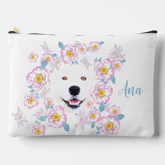 Pochette À Accessoires Chien Samoyed et fleurs roses, nom customisé (Recto)