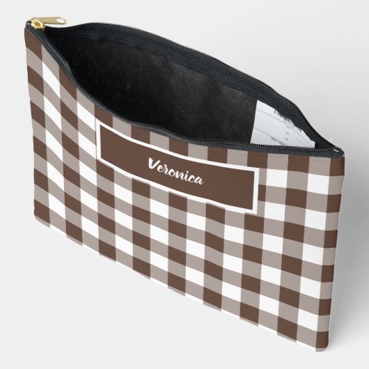 Pochette À Accessoires Chocolate Brown Plaid Gingham Personalized (Ouvrir)