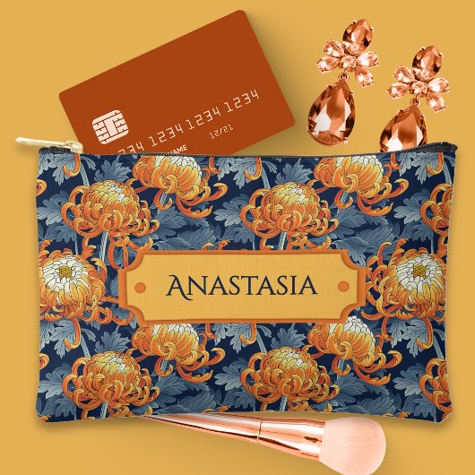 Pochette À Accessoires Chrysanthèmes bleus et dorés