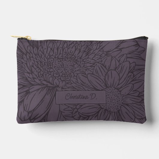 Pochette À Accessoires Chrysanthèmes et nom sur prune poussiéreuse (Recto)
