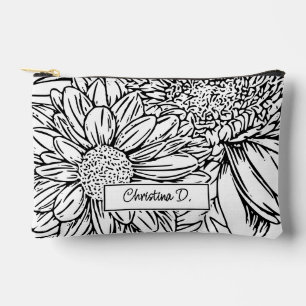 Pochette À Accessoires Chrysanthèmes noirs sur fond blanc avec nom