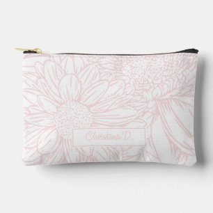 Pochette À Accessoires Chrysanthèmes roses sur fond blanc avec nom