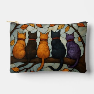 Pochette À Accessoires Cinq chats sur une branche d'arbre de style vitrai
