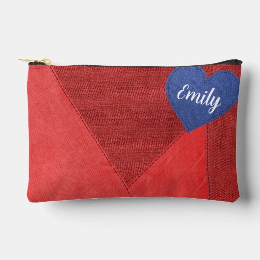 Pochette À Accessoires Coeur bleu Denim sur rouge (Recto)