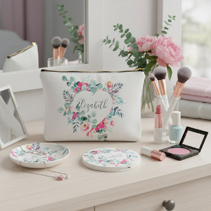 Pochette À Accessoires Cœur floral personnalisé vert et rose