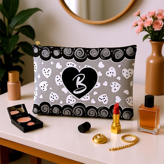 Pochette À Accessoires Coeur Noir Et Argent À La Mode Avec Des Points Et