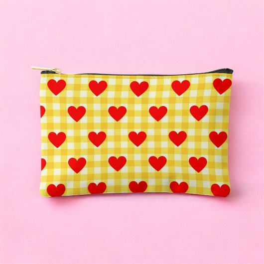 Pochette À Accessoires Coeur rouge Jaune En vichy Motif Saint Valentin