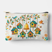  colorful mini birdhouses hanging from a delicate 